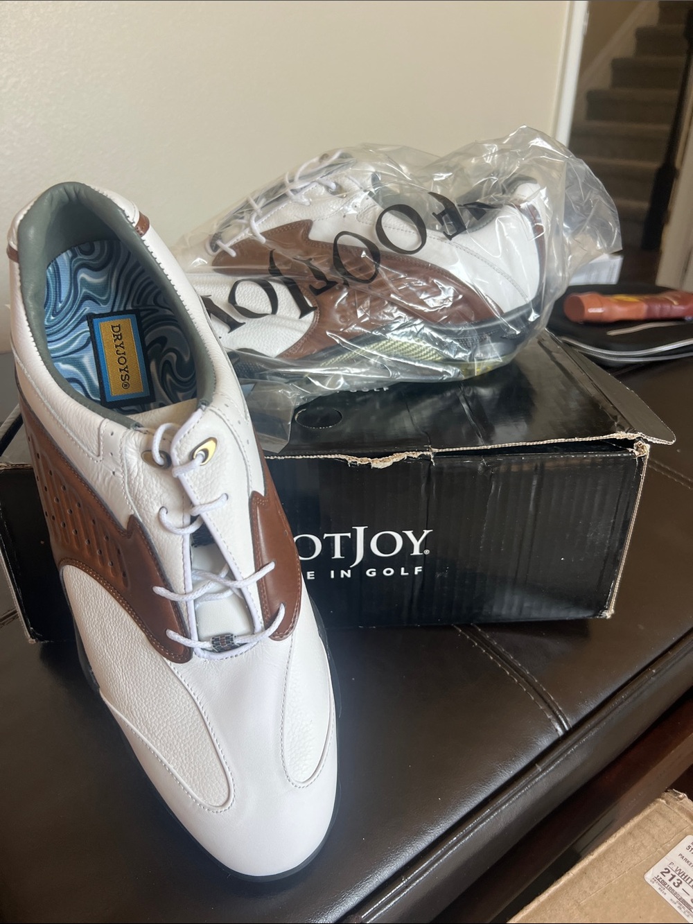 FootJoy White and Brown Men's Slip-On Golf Shoes